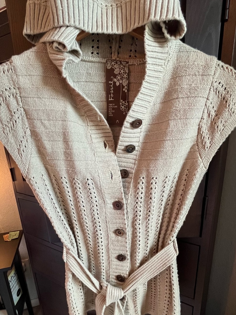 Fossil Tan Knit Button-Front Short Sleeve Sweater Cardigan Hoodie Tie Belt